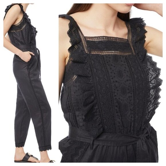 NEW FRAME XS Eyelet Lace Bodice Pant Jumpsuit In Noir Black Pockets $445